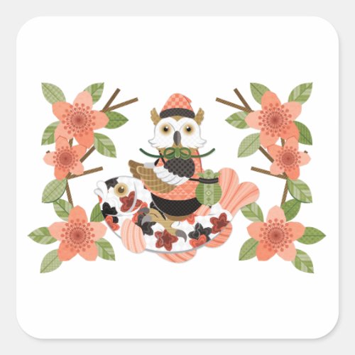 梟と鯉／An owl and a carp Square Sticker