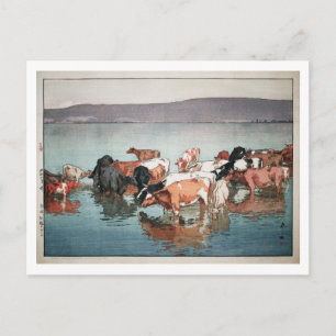 沼崎牧場の昼, Cows, Hiroshi Yoshida, Woodcut Postcard