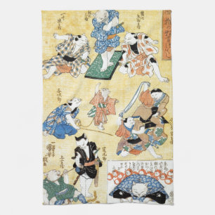 流行猫の狂言づくし, 国芳 Actors of The Cat, Kuniyoshi, Ukiyoe Towel