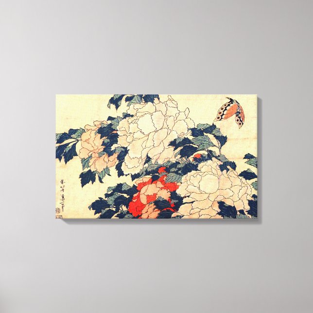 牡丹と蝶, 北斎 Peonies and Butterfly, Hokusai, Ukiyo-e Canvas Print (Front)