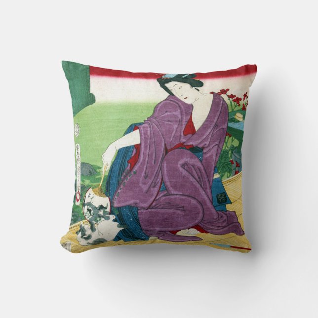 猫と女, 国周 Cat and Woman, Toyohara Kunichika, Ukiyo-e Throw Pillow (Front)