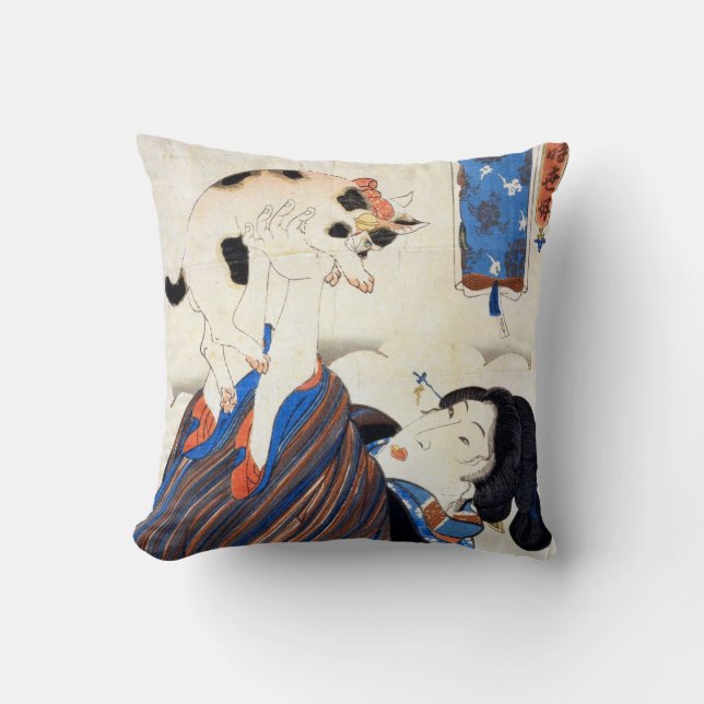 猫と女, 国芳 Cat and Woman, Kuniyoshi, Ukiyo-e Throw Pillow (Front)