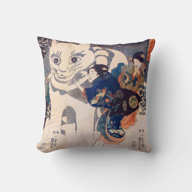 猫の雪だるま,国芳  Big Cat Snowman, Kuniyoshi, Ukiyo-e Throw Pillow (Front)