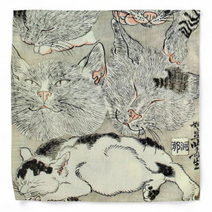 猫, 暁斎 Cats, Kyōsai, Ukiyo-e Bandana
