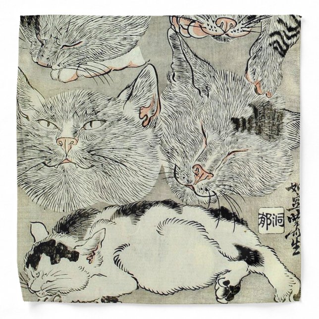 猫, 暁斎 Cats, Kyōsai, Ukiyo-e Bandana (Front)