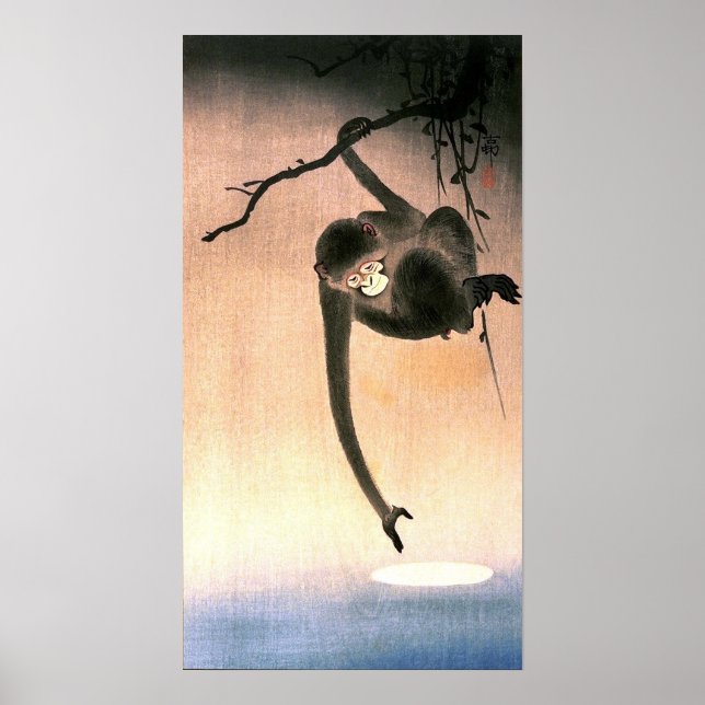 猿, 小原古邨 Monkey reaching the Moon, Ohara Koson Poster (Front)