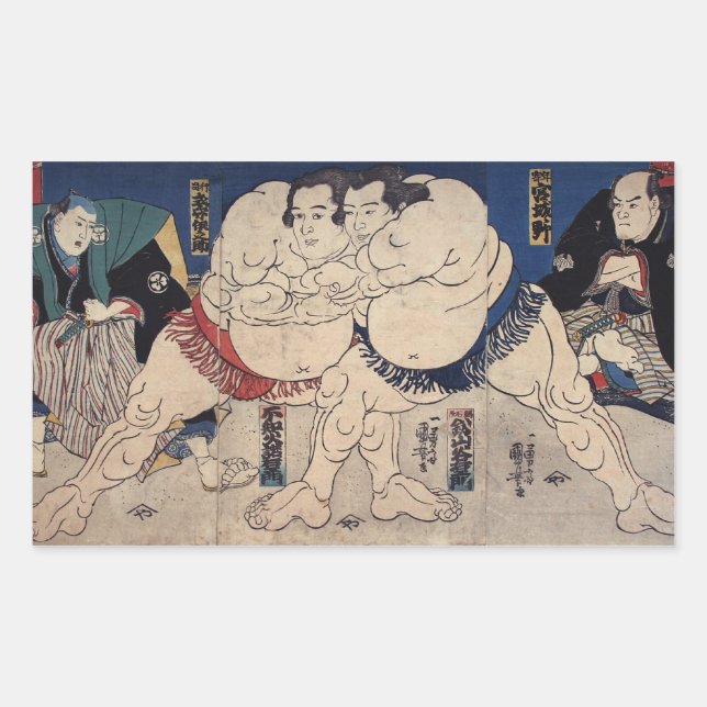 相撲, 国芳 Sumo Wrestling, Kuniyoshi, Ukiyo-e Rectangular Sticker (Front)