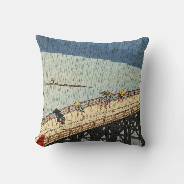 突然の雨, 広重 Sudden Rain, Hiroshige, Ukiyo-e Throw Pillow (Front)