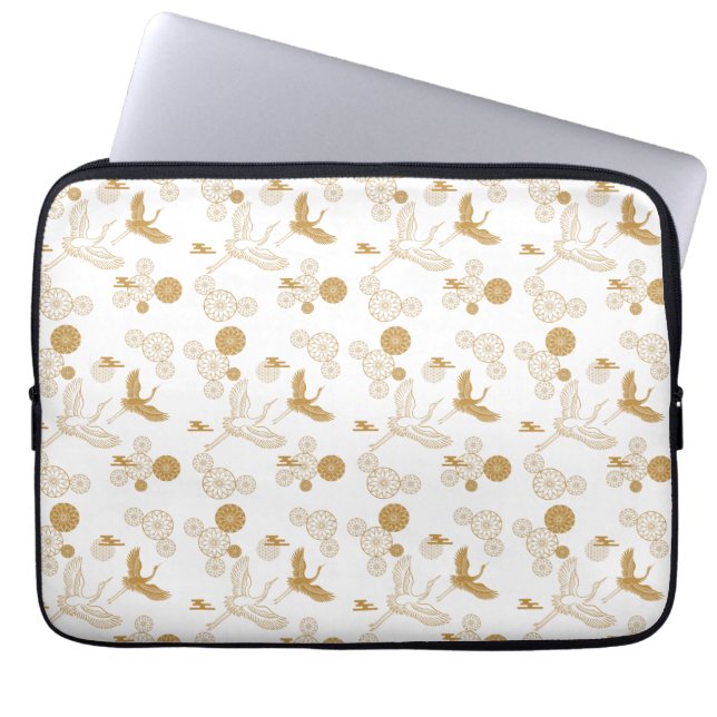縁起の良い金色の日本の鶴模様 ノートパソコンケース LAPTOP SLEEVE (Front)