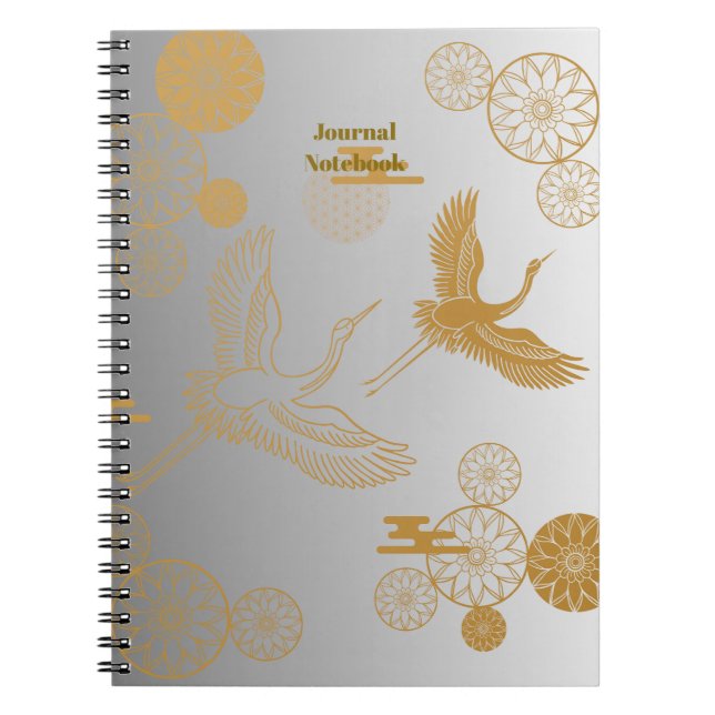 縁起の良い金色の日本の鶴模様《白×シルバー》ジャーナル NOTEBOOK (Front)