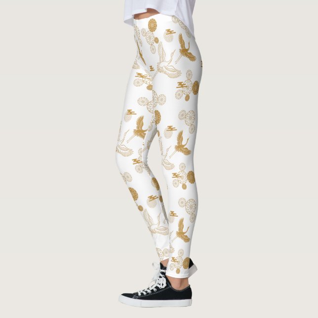 縁起の良い金色の日本の鶴模様 LEGGINGS (Left)