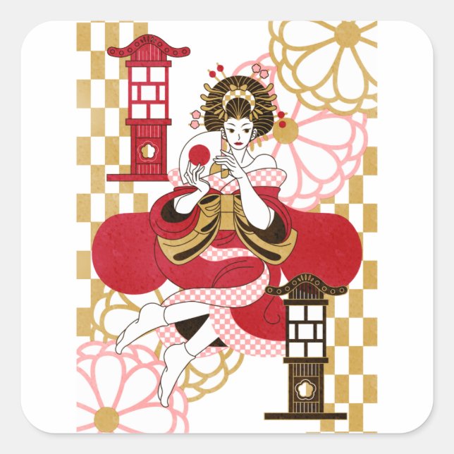 花魁と行灯（Oiran and Andon） Square Sticker (Front)