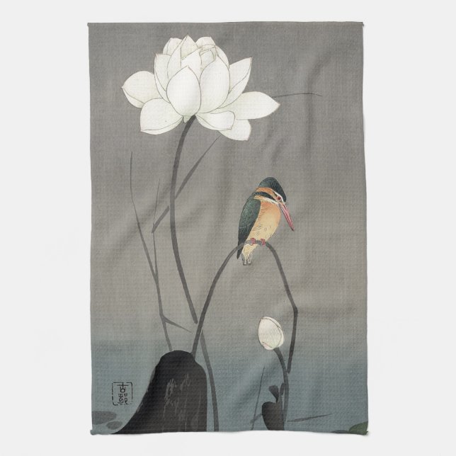 蓮にカワセミ, 古邨 Kingfisher on Lotus, Koson, Ukiyo-e Towel (Vertical)