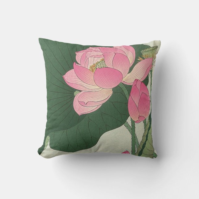蓮の花, 小原古邨 Lotus flower, Ohara Koson, Ukiyo-e Throw Pillow (Front)