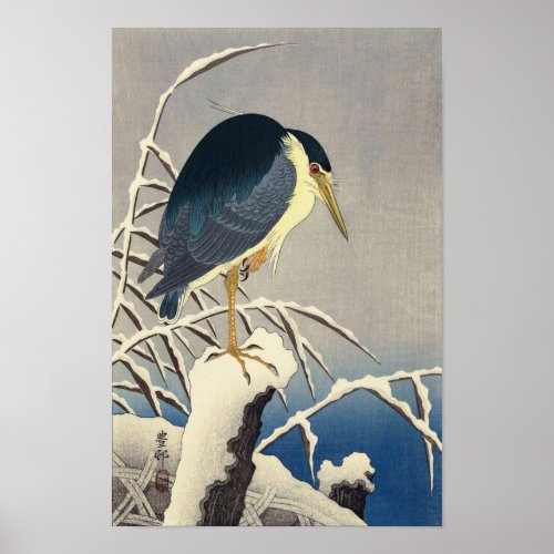 雪に青サギ 小原古邨 Blue heron in the Snow Ohara Koson Poster