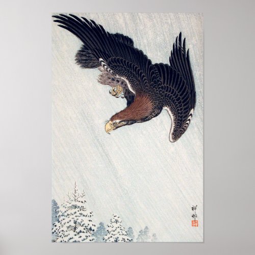 雪に鷲 古邨 Eagle Flying in Snow Ohara Koson Woodcut Poster