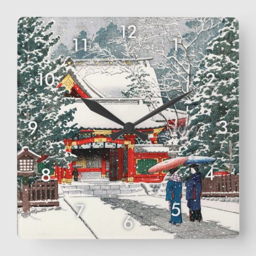 雪の日枝神社 Snow at Hie Shrine Hasui Kawase Woodcut Square Wall Clock