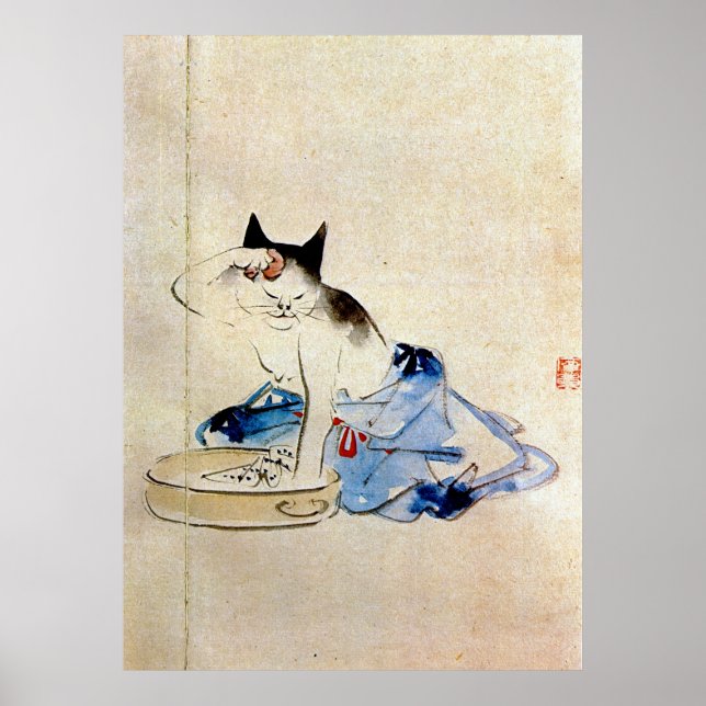顔を洗う猫, 広重 Cat Face Wash, Hiroshige Poster (Front)