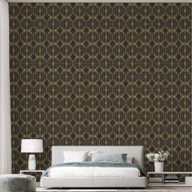 黒地にゴールドラインの上品なシームレス柄 WALLPAPER  (Bedroom)