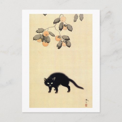 黒猫 春草 Black Cat detail Shunsō Japanese Art Postcard