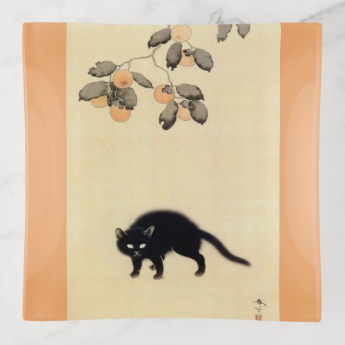 黒猫 春草 Black Cat detail Shunsō Japanese Art Trinket Tray