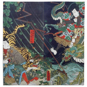 龍虎, 豊国 Dragon & Tiger, Toyokuni, Ukiyo-e Cloth Napkin