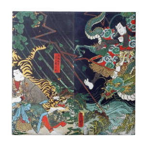 龍虎, 豊国 Dragon & Tiger, Toyokuni, Ukiyo-e Tile