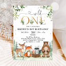 Search for woodland animals 1st birthday invitations Rustic wood