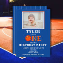 Search for basketball 1st birthday invitations Blue