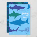 Search for shark 1st birthday invitations Blue