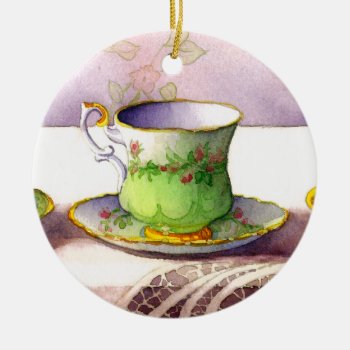 0001 Teacup On Lace Ornament by RuthGarrison at Zazzle