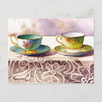 0001 Teacups On Lace Greeting Postcard by RuthGarrison at Zazzle