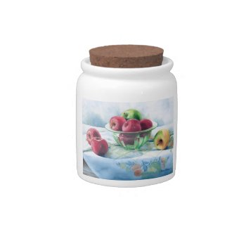 0002 Apples In Green Glass Bowl Cannister Candy Jar by RuthGarrison at Zazzle