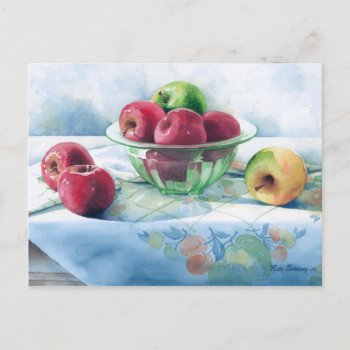 0002 Apples In Green Glass Bowl Postcard by RuthGarrison at Zazzle