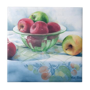 0002 Apples In Green Glass Bowl Tile by RuthGarrison at Zazzle