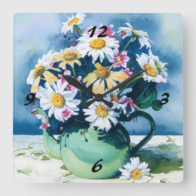 0006 Daisies in Green Teapot Clock (Front)