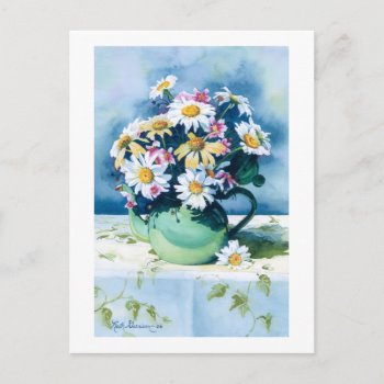 0006 Daisies In Green Teapot Postcard by RuthGarrison at Zazzle