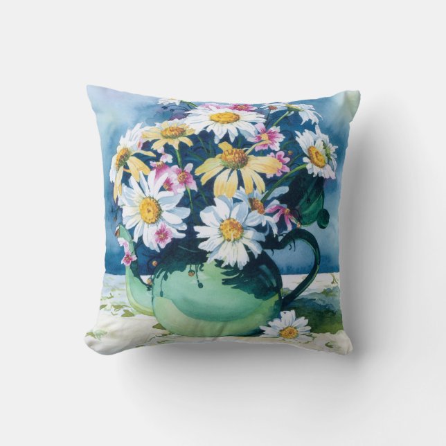 0006 Daisies in Green Teapot Throw Pillow (Front)