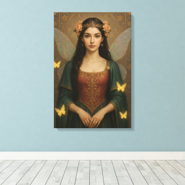 001_A fairy princess in teal green and crimson. Canvas Print (Insitu(Wood Floor))