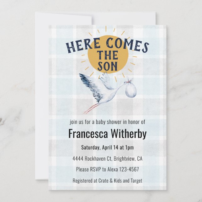 001 Sky 020 Fog Sun Plaid Stork Baby Shower Invitation (Front)