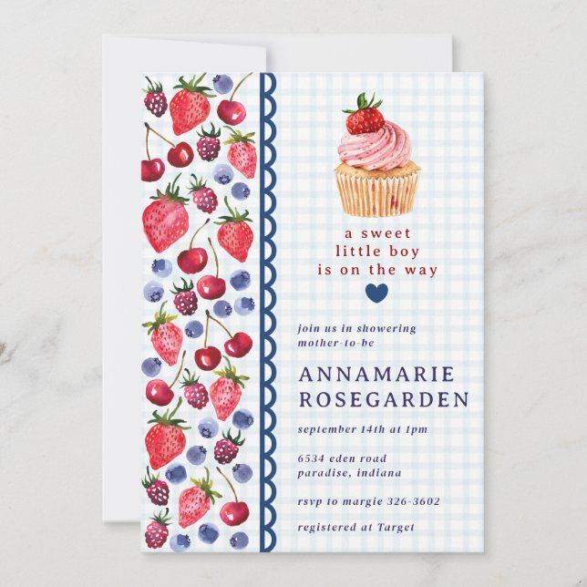 001 Sky Blue Berry Patch Cupcake Baby Shower Invitation (Front)