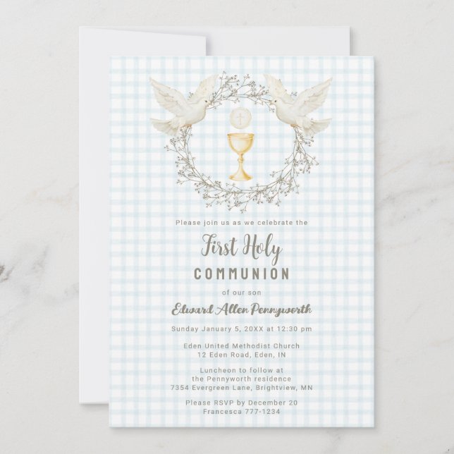 001 Sky Blue Dove & Chalice Gingham 1st Communion Invitation (Front)