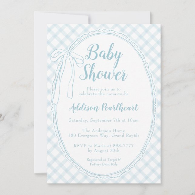 001 Sky Blue Heirloom Lace Gingham Baby Shower Invitation (Front)