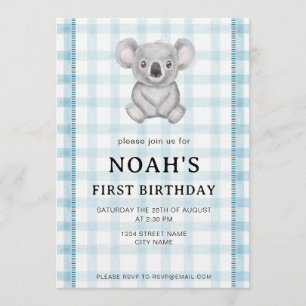 001 Sky Blue Plaid Koala 1st Birthday Invitation