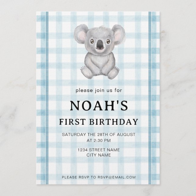 001 Sky Blue Plaid Koala 1st Birthday Invitation (Front)