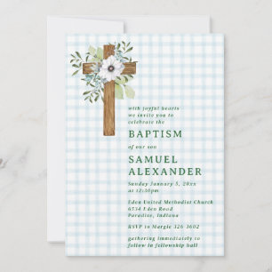 001 Sky Blue Rustic Greenery Wooden Cross Baptism Invitation