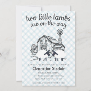 001 Sky Blue Two Little Lambs Gingham Baby Shower Invitation