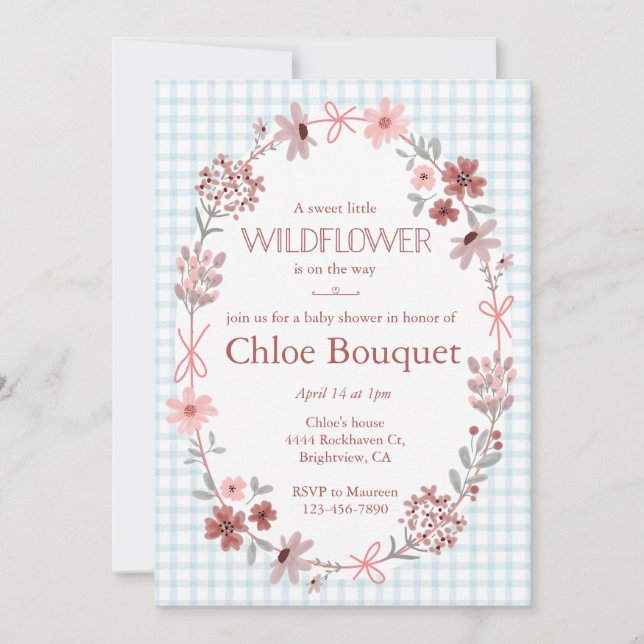 001 Sky Blue Wildflower Bow Frame on Gingham Baby Invitation (Front)