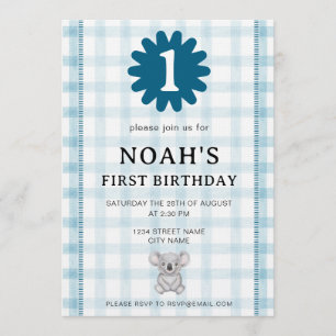 001 Sky Watercolor Check Koala Birthday Invitation