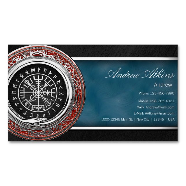 [001] Vegvisir - Viking Silver Magic Runic Compass Business Card Magnet (Front)